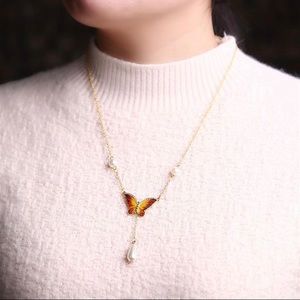 Oil Painted Pearl Butterfly Drop Necklace